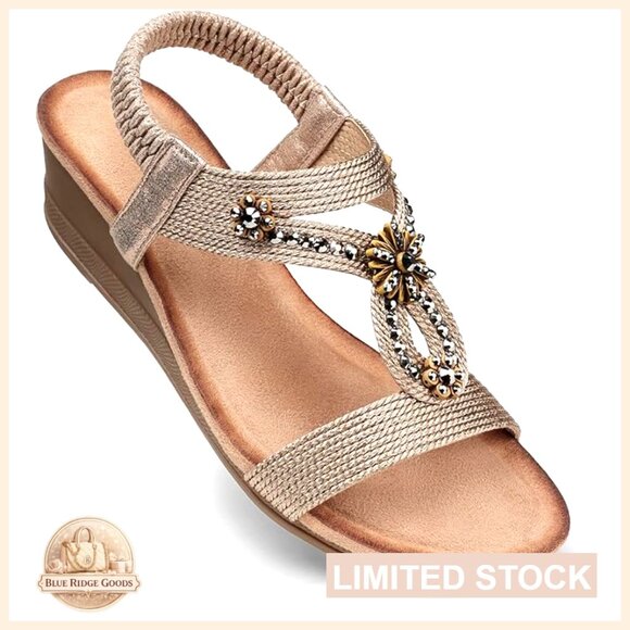 Wedge Sandals Flower Rhinestone Ankle Strap Dressy Boho Summer Comfortable Shoes